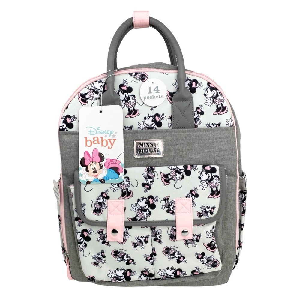 Disney Mickey Mouse 14 Pocket Multi-piece Backpack Diaper Bag Pink Gray NWT